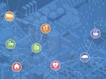smart city line drawing illustration with various technological icons, futuristic cityscape and modern lifestyle, smart gird, IoT(Internet of Things), ICT(Information Communication Technology)